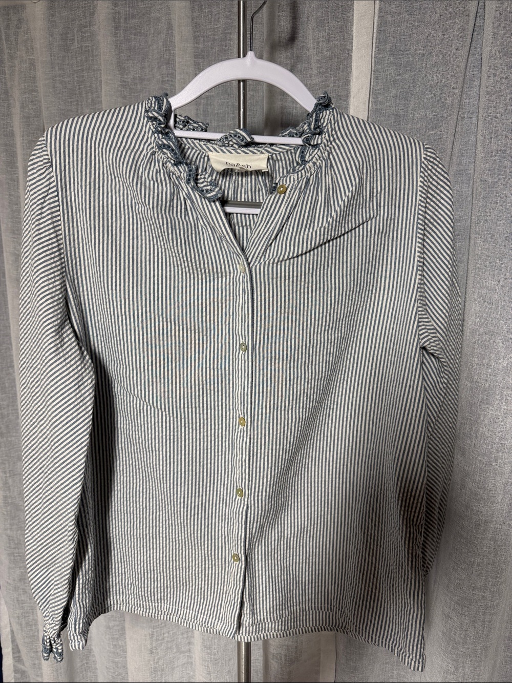 ba&sh Blue & White Striped Ruffle-Neck Button-Down Shirt